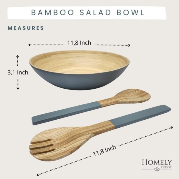 Bamboo Wooden Salad Bowls Set Large Bamboo Wood Serving Bowl for Fruits 11.8" Big Salad Bowl with Serving Utensils Bowl for Kitchen Counter Wood Bowls for food Wooden Serving Bowl for Snacks (Gray) - Image 2