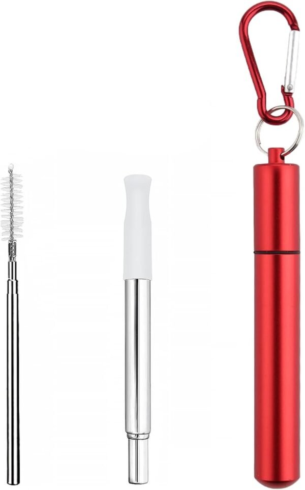 Metal Straws Reusable，Collapsible Stainless Steel Straw，Cruise Ship Essentials，Equipped with Silicone Straw Tip，Cleaning Brush and Keychain，Easy to Carry and Clean（Red）
