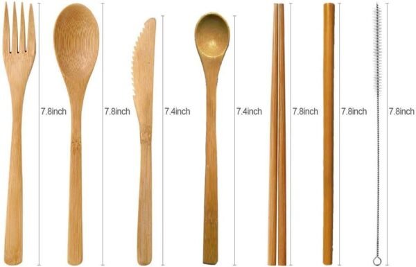 Bamboo Utensils, Eco Friendly Flatware Set, Bamboo Cutlery Set, Bamboo Travel Utensils, Camping Utensils Set, Portable Utensils Set, Knife, Fork, Spoon, Reusable Straws Chopsticks, 7 Pieces,7.9 inch - Image 2