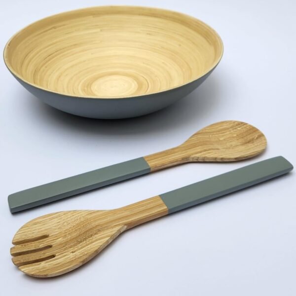 Bamboo Wooden Salad Bowls Set Large Bamboo Wood Serving Bowl for Fruits 11.8" Big Salad Bowl with Serving Utensils Bowl for Kitchen Counter Wood Bowls for food Wooden Serving Bowl for Snacks (Gray) - Image 6