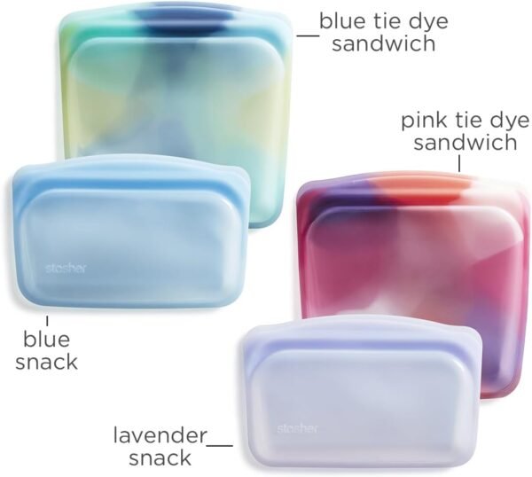 Stasher Premium Silicone Reusable Food Storage Bags, 4-Pack, Tie Dye Multi | Multi-Use Food Storage Bags, Lunch Bag, Travel Containers | BPA Free, Leak-free, Dishwasher-Safe, Eco-friendly - Image 5