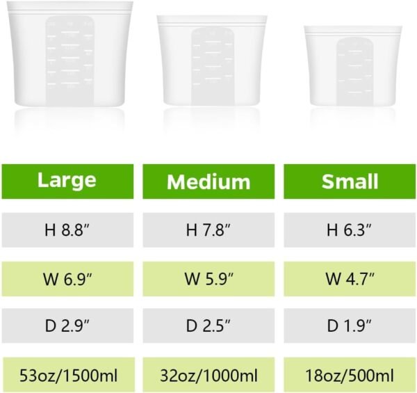 Reusable 100% Silicone Food Storage Bags, Sandwich Snack Bags New Generation Stand Up Zip Container for Soup and Leftovers, Plastice & BPA Free, Microwave Oven Safe 3 Pack (51oz, 34oz, 17oz) - Image 2