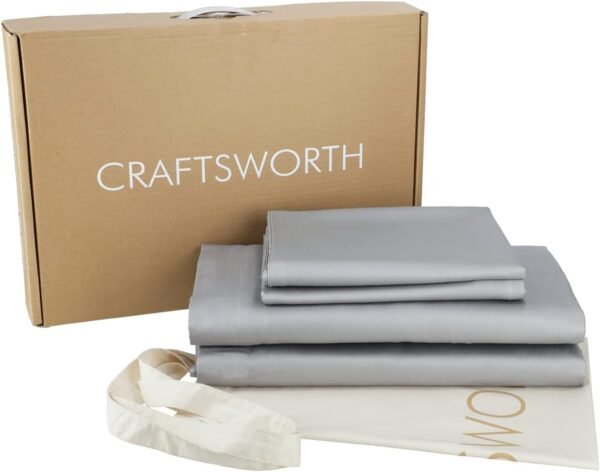 CRAFTSWORTH 100% Organic Cotton Sheets Queen 4 Piece Set Silver Extra Deep Pocket Sheet Sets Flat Sheet Fitted Sheet Pillowcase Better Than Percale Hotel Luxury Quality Sheet GOTS Certified