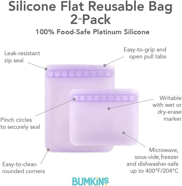 Bumkins Silicone Reusable Sandwich and Snack Bags, Storage, Food Prep, Lunch Bag, Washable Zip Bag, Microwave, Freezer and Dishwasher Safe, Travel, Leak Resistant, Sticky Lining Locks Out Air (Purple) - Image 6