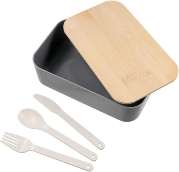 GUDEKIKL 1Pcs Wood Lid Lunch Plastic Box, Portable Food Storage Box With 3pcs Wheat Straw Tablewares, Large Capacity Leakproof Lunch Containers With Elastic Band - Image 3