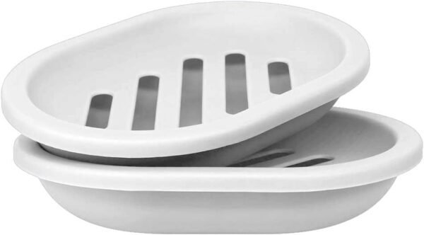 Soap Dish with Water Drainage Design for Drying and Saving Soap, Bathroom Kitchen Sponges Holder (White - Oval) 2 Pack - Image 2