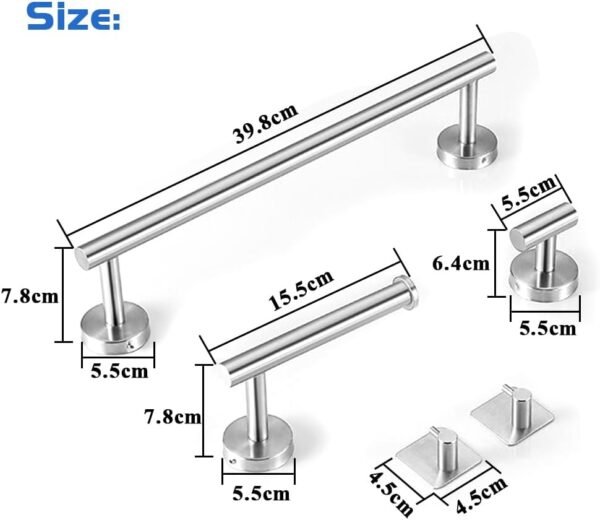Bathroom Hardware Set, 16" Matte Silver Bathroom Accessory Set, 5 Pieces Hand Towel Bar Set Wall Mounted, Including 16" Hand Towel Bars, Toilet Paper Holders, Robe Towel Hooks Silvery - Image 5