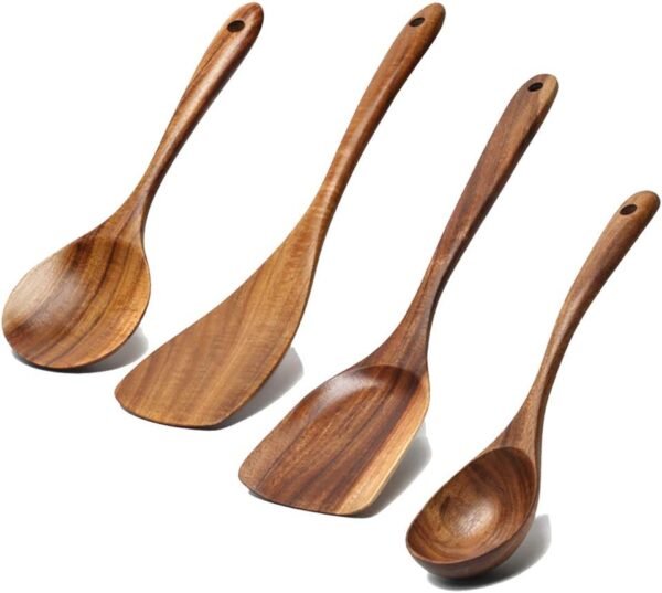 5 Pcs Best Wooden Spoons for Cooking Kitchen Utensils Set Non Stick Spoon Acacia Wood Utensil Cooking Spatula Turner Slotted Spoon Flat Wooden Spatula Set Mixing Cooking Spoons Kitchen Utensils - Image 2