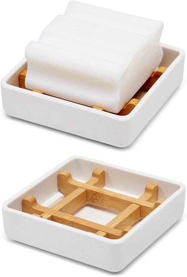Wooden Bamboo Square Soap Dishes for Bar Soap Holder for Shower with Drain for Bathroom Small Soap Dish Detachable（Single Pack Right Angle White）