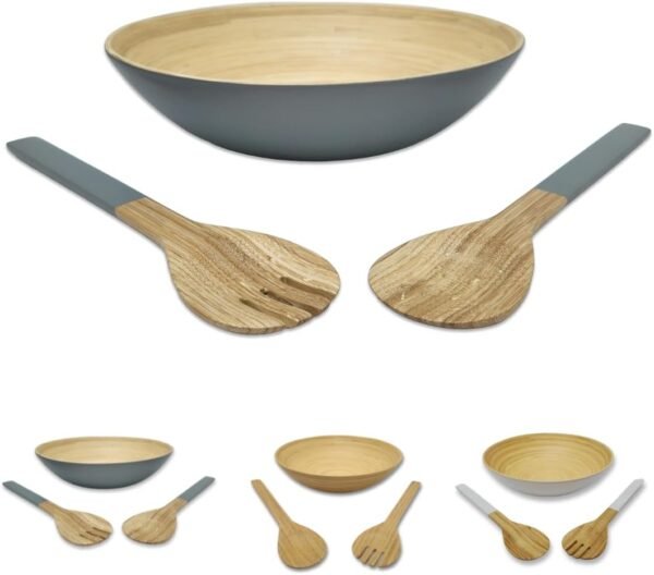 Bamboo Wooden Salad Bowls Set Large Bamboo Wood Serving Bowl for Fruits 11.8" Big Salad Bowl with Serving Utensils Bowl for Kitchen Counter Wood Bowls for food Wooden Serving Bowl for Snacks (Gray) - Image 7