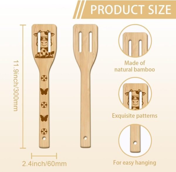 GLOBLELAND 6Pcs Farm Cow Wooden Spoons Utensil Set Bamboo Carving Kitchen Cooking Utensils Wooden Engraved Cooking Spatula Set for Kitchen Fun House Warming Gift - Image 3