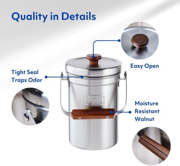 Vatya Stainless Steel Kitchen Compost Bin - NO Filter Countertop Composter, Composting Bucket, Counter Top Small Indoor Food Waste Container with Lid, Odorless Stainless Steel Pail, Small 0.5 Gallon - Image 5