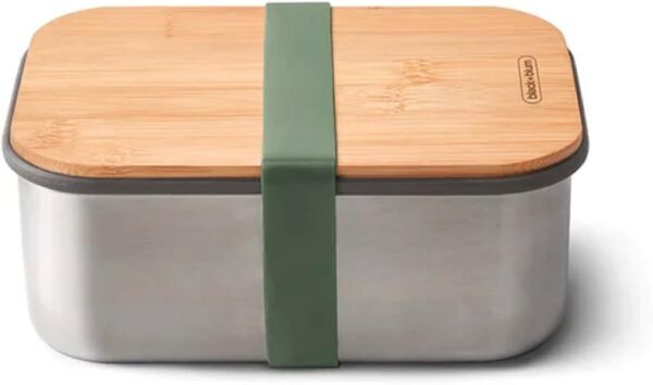 Black+Blum Stainless-Steel Sandwich Box Large | Plastic Free Meal Prep Lunch Box Food Container with Bamboo Lid, Olive, Large, 1.25L/ 42 fl oz