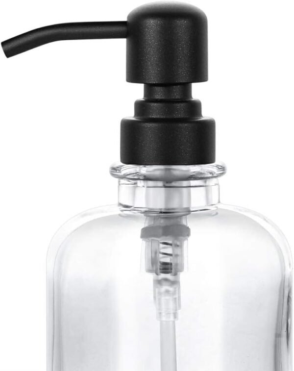 2 Pcs Thick Clear Glass Jar Hand Soap Dispenser Bathroom with Matte Black Stainless Steel Pump, 12ounce Clear Boston Round Bottle Dispenser with Rustproof Pump for Kitchen Dish - Image 4