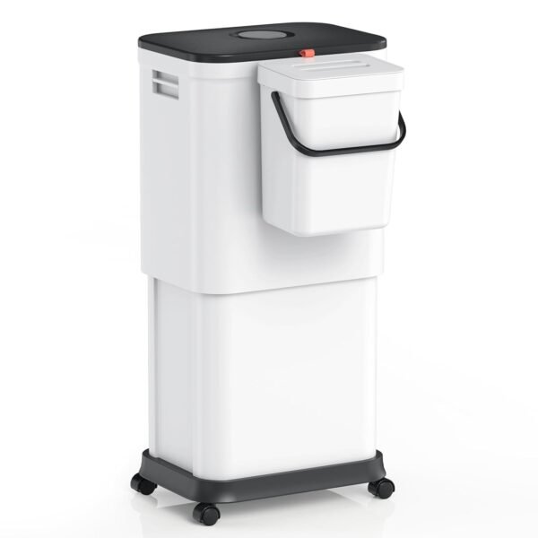 Garbage Can with Wheels,20L-45L Adjustable Capacity Kitchen Trash Can with Lid and 5L Mini Countertop Compost Bin Set, Plastic Trash can for Bathroom, Bedroom, Office (45Liters + 5Liters)