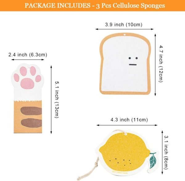 Biodegradable Cellulose Compressed Sponges, Bread Cat Paw Lemon Kitchen Wood Pulp Cleaning Sponges, Cute Natural Non-Scratch Scrub Sponges - 3 Packs - Image 6