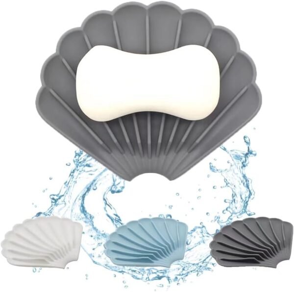 Silicone Soap Dish Soap Dish with Drainage Keep Soap Dry Cute Soap Dish Shell Shape for Bathroom Kitchen Sinks(3 Pcs, Blue, White & Gray)