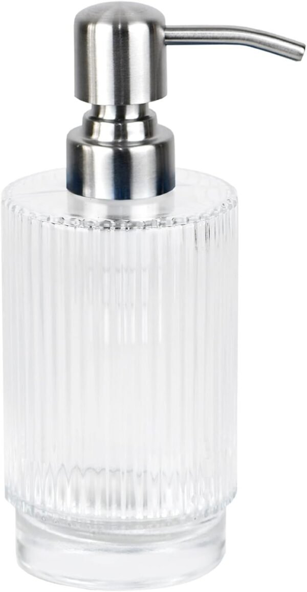 Bathroom and Kitchen Glass Soap Dispenser with Vertical Stripe - 16 Oz, 304 Stainless Steel Pump (Clear)