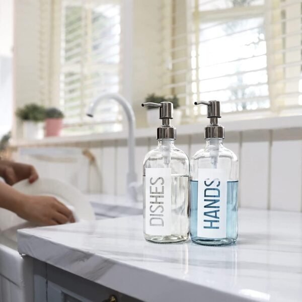 JASAI 2Pack 18OZ Glass Soap Dispenser with Rustproof 304 Stainless Steel Pump, Kitchen Soap Dispenser with Hands & Dishes Label, Refillable Dish Soap Dispenser for Kitchen (White) - Image 5
