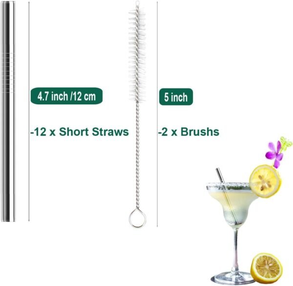12 Pack 4.7 Inch Extra Short Metal Cocktails Straws, Reusable Stainless Steel Smoothie Drinking Straws with Cleaning Brush for Coffee Mugs, Small Glasses or Cups - Image 2