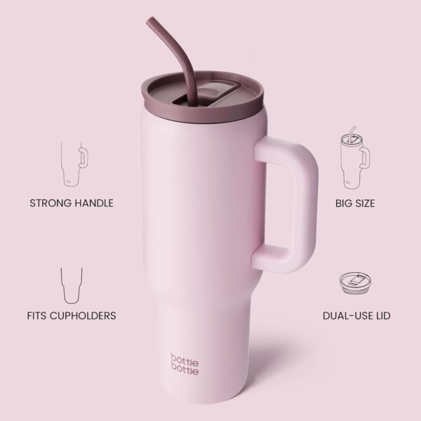 BOTTLE BOTTLE 40 oz Tumbler with Handle and Straw,Stainless Steel Vacuum Travel Mug,Car Cup with Straw, Stainless Steel Vacuum Water Bottle for Gifts Party Office Coffee (Pink) - Image 3