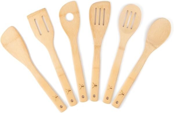 RK 6 Piece Bamboo Nonstick Wooden Kitchen Utensil Set, Wooden Spatula Spoon Cooking Apartment Essentials (Natural)