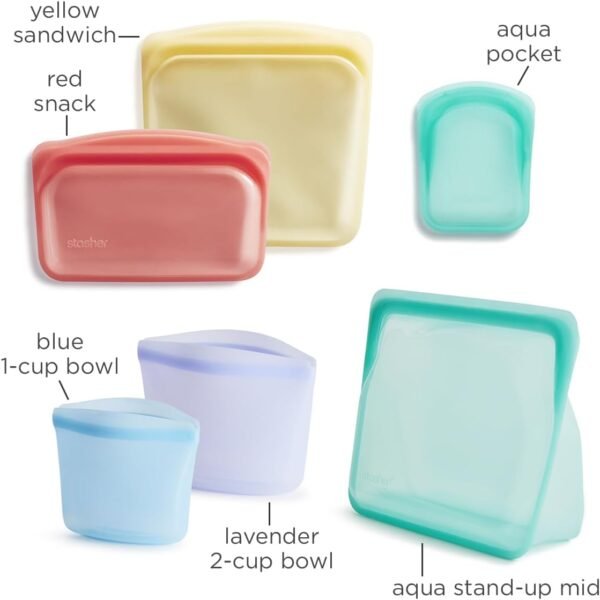 Stasher Premium Silicone Reusable Food Storage Bags, 6-Pack, Rainbow | Multi-Use Food Storage Bags, Lunch Bag, Travel Containers | BPA Free, Leak-free, Dishwasher-Safe, Eco-friendly - Image 5