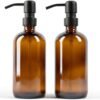 Essentra Home Two 16 oz. Glass Soap Dispensers with Black Pump for Kitchen Sinks, Bathroom Countertop, Shower Refillable Bottles – Waterproof Labels and Foldable Silicon Funnel Included (Amber) - Image 2