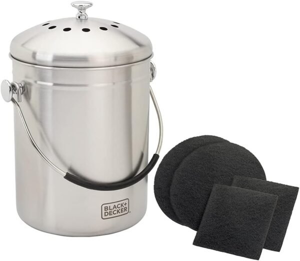 BLACK+DECKER Compost Bin, Stainless Steel, Countertop, 166 oz. (BDSTGAKT9702)