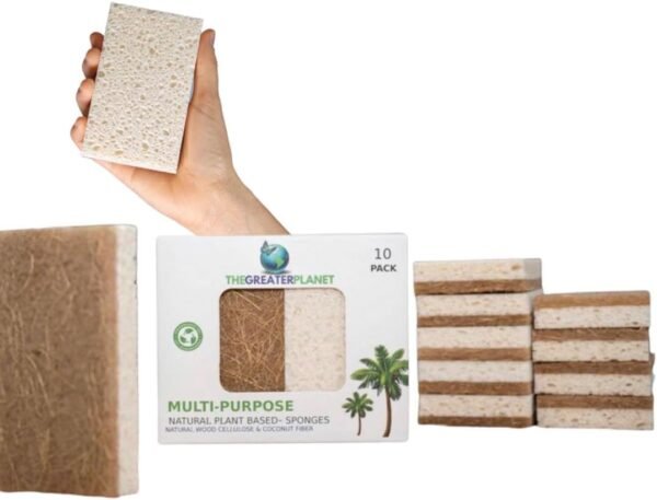 THE GREATER PLANET- Natural Kitchen Sponges, Eco Friendly Cleaning sponges-Multipurpose Wood Cellulose Scrub sponges-10 Pack Biodegradable Organic Kitchen Dish Sponge Cleaning Earth Friendly Sponge.