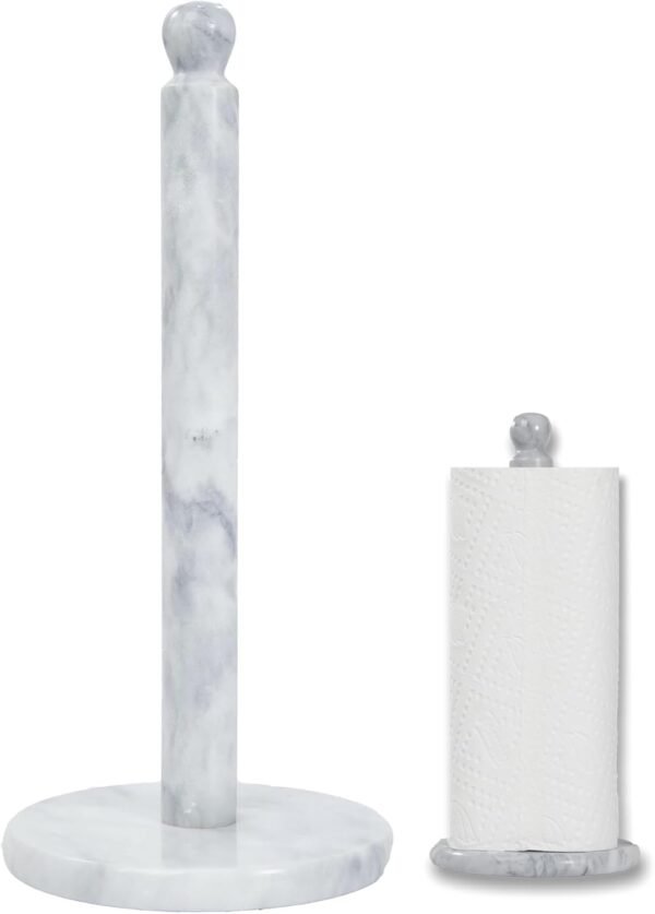 Handmade Marble Paper Towel Holder for Countertop - 12" Upright Paper Roll Dispenser with Heavy Non-Slip Base, Easy One-Handed Tear, for Kitchen Countertops, Cabinets, and Bathrooms-White & Light Grey