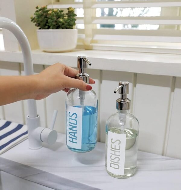 JASAI 2Pack 18OZ Glass Soap Dispenser with Rustproof 304 Stainless Steel Pump, Kitchen Soap Dispenser with Hands & Dishes Label, Refillable Dish Soap Dispenser for Kitchen (White) - Image 7