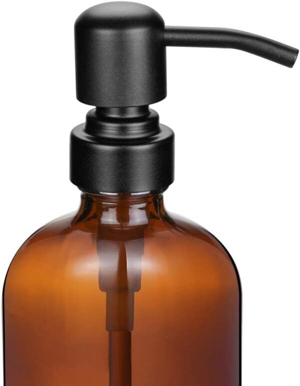 Amber Glass Jar Soap Dispenser with Matte Black Pump,16oz Round Bottle Dispenser with Stainless Steel Pump, Bathroom Soap Dispenser Set for Home Decor, Farmhouse & Kitchen Decor (Matte Black) - Image 3