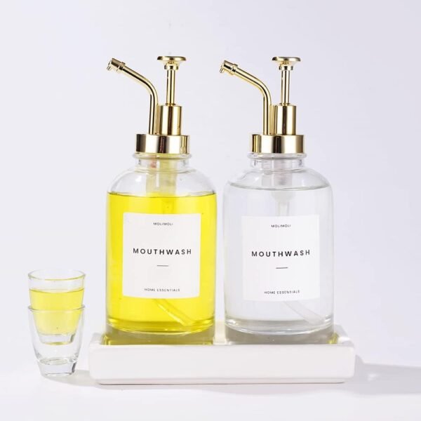 Molimoli Hand Bathroom Soap Dispenser Set, Glass Mouthwash Dispenser for Bathroom, Dish Soap Dispenser for Kitchen Sink, Soap Dispenser Pump, 500ml/16.9 Oz, Set of 2, Gold - Image 5