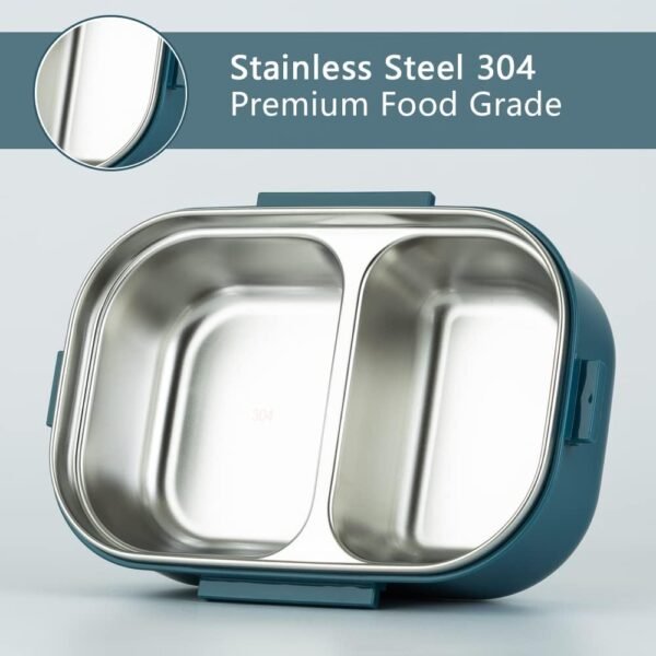 Lille Home 28oz Stainless Steel Leakproof 2-Compartment Bento Lunch Box/Portion Control Food Container with Lunch Bag and Cutlery Set, BPA Free (Blue) - Image 2