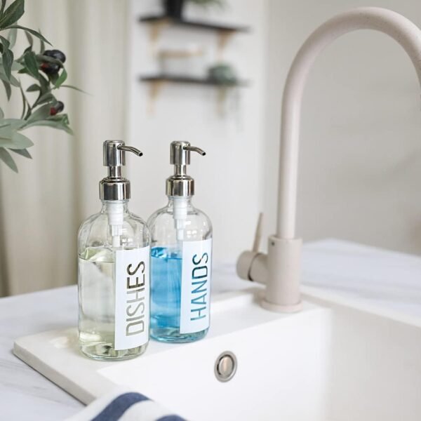 JASAI 2Pack 18OZ Glass Soap Dispenser with Rustproof 304 Stainless Steel Pump, Kitchen Soap Dispenser with Hands & Dishes Label, Refillable Dish Soap Dispenser for Kitchen (White) - Image 2