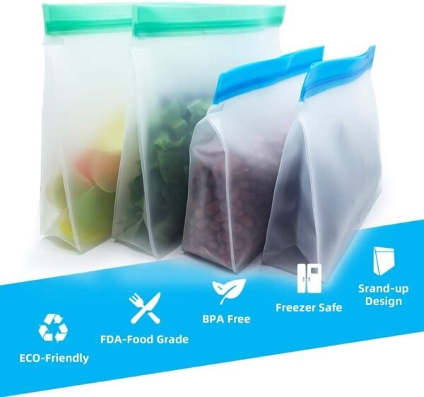 Reusable Food Storage Bags 8 Pack - Stand Up BPA FREE Leakproof Freezer Bags( 4 pack 1/2 Gallon Bags + 4 pack Sandwich Bags) Plastic Free Lunch Bag | Eco-friendly - Image 2