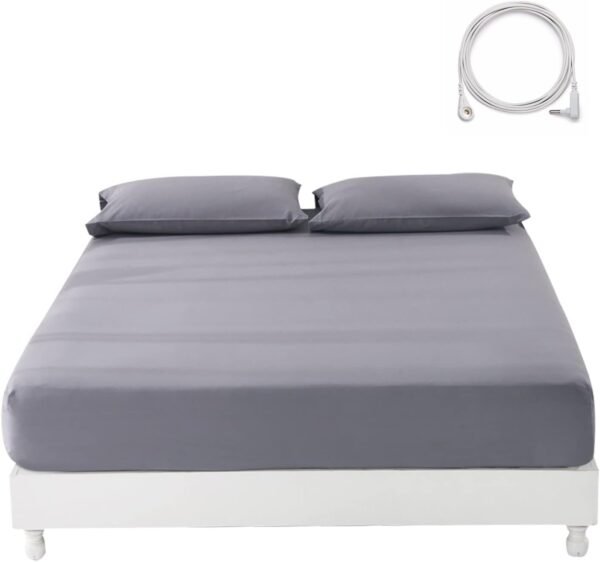 Grounding Sheet Queen, Organic Cotton + Silver Fiber, Fitted Bottom Sheets with 180 inch Grounding Wire, Earthing Mat for Better Sleep