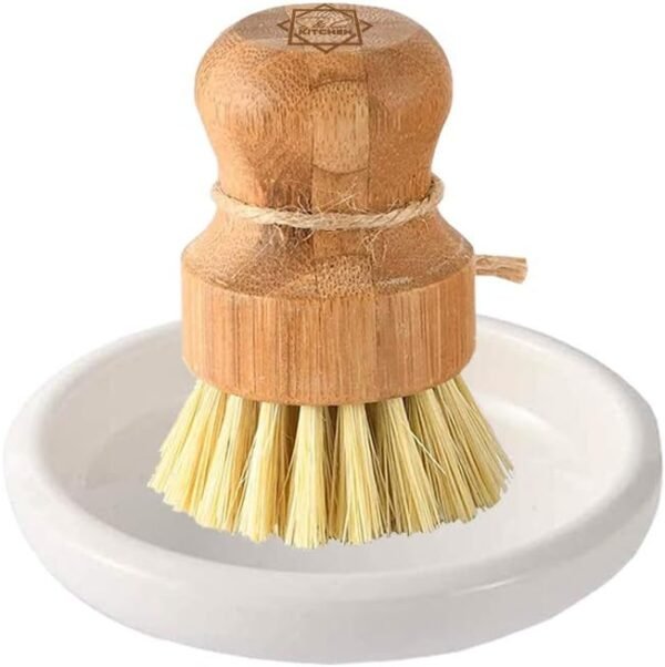 S & C Kitchen - Bamboo Scrub Brush with a Ceramic Holder - Cleaning Dishes, Pots, Sinks - Natural Bamboo (Sisal) Bristles - Bamboo Pot Cleaning Brush - 1PC + Plate Set