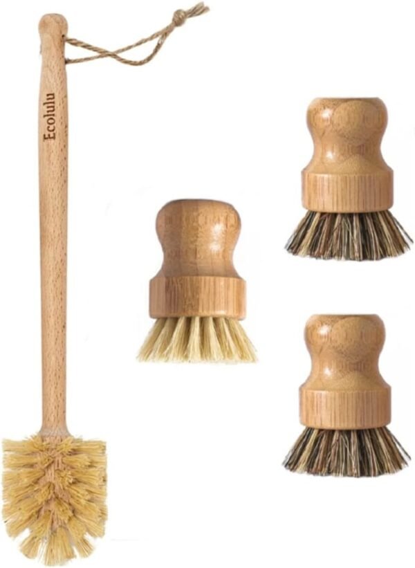 ECOLULU Bamboo Dish Brush Set & Wood Bottle Brush for Wide Mouth Bottles, Cups and Jars, (4 units total), Wooden Dish Brush, Biodegradable, Eco Friendly Products