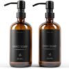 Essentra Home Two 16 oz. Glass Soap Dispensers with Black Pump for Kitchen Sinks, Bathroom Countertop, Shower Refillable Bottles – Waterproof Labels and Foldable Silicon Funnel Included (Amber)