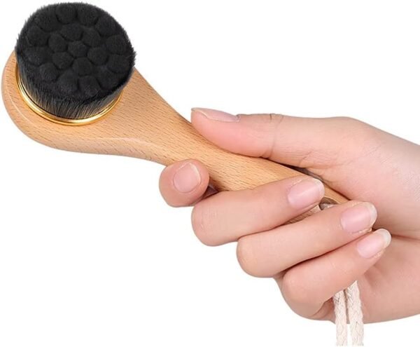 Manual Facial Cleansing Brush-Bamboo Charcoal Fiber Bristles and Wooden Handle-Skin Cleanser & Scrubber for Applying Face Mask, Acne Washing, Daily Deep Pore Cleaning