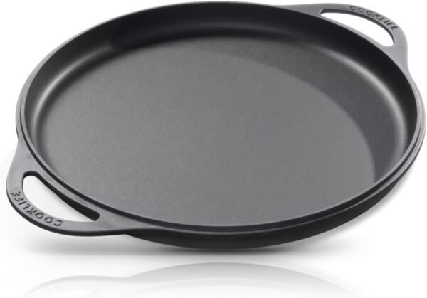 12" Smooth Cast Iron Griddle with Pan Scraper and Mesh Dish Scrubber, Round Pre-Seasoned Griddle Pan for Stove Top, Easy to Clean & Maintain Pizza Pan, Dishwasher & Oven Safe Stovetop Griddle