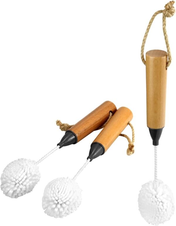 QWORK Whiskey Tasting Glass Brush - 3-Pack Natural Beech Wood Grips Foam Brush Cleaning Brushes