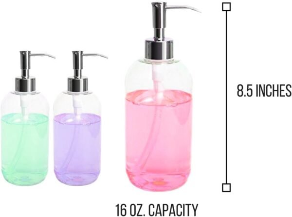 Clear Soap Dispenser with Rust Proof Pump, (3 Pack, 16 Oz) Plastic Hand Soap Bottles for Bathroom & Kitchen, Refillable for Liquid Dish Soaps, Hand Soaps & Lotion - Image 3