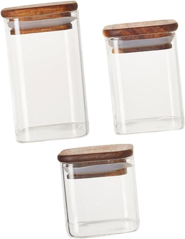 SECFOU 3pcs Airtight Glass Jars Dispenser Kitchen Storage Jars Coffee Jar Syrup Pantry Containers Jam Jars Overnight Oats Jar Nuts Bins Gooseneck Coffee Pod Holder Food Container Wood - Image 7