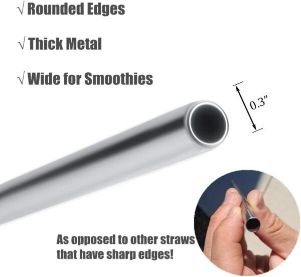 Kichwit Extra Long Stainless Steel Straws Set of 8, Reusable Wide Straws for Smoothies, 10.5 Inches Long, 5/16" Wide, Metal Drinking Straws, 2 Cleaning Brushes Included - Image 2