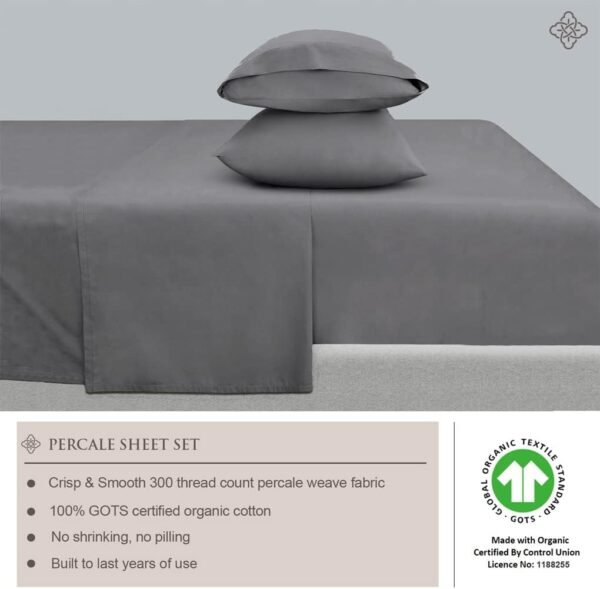 BIOWEAVES 100% Organic Cotton Percale Weave California King Sheet Sets – Crisp, Soft & Naturally Cooling, 300 Thread Count GOTS Certified Cal King Sheets, 17” Deep Pocket – 4 Piece Set, Steel Grey - Image 3