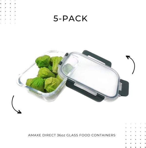 5 Pack 36OZ Kitchen Leak-Proof Glass Food Storage Containers - Thick & Durable Glass Meal Prep Containers - Airtight Easy to Clean Glass Storage Containers with Lids - Image 4