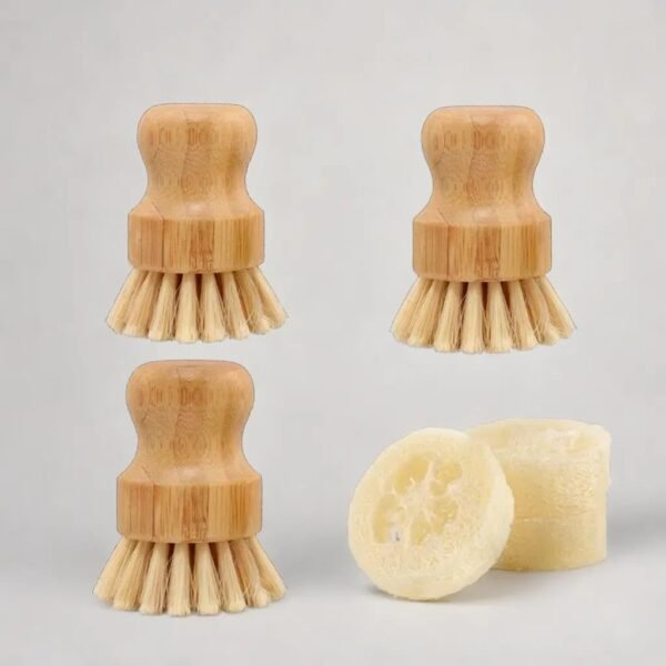 Wooden Dish Brush and Natural Loofah Sponge (2 inches) Sets, 3Pcs, Sisal Dish Brushes, Eco-Friendly Natural Dish Washing Brush for Dishwashing Cast Iron Pots Pans Skillet Vegetables Sink, Set of 3